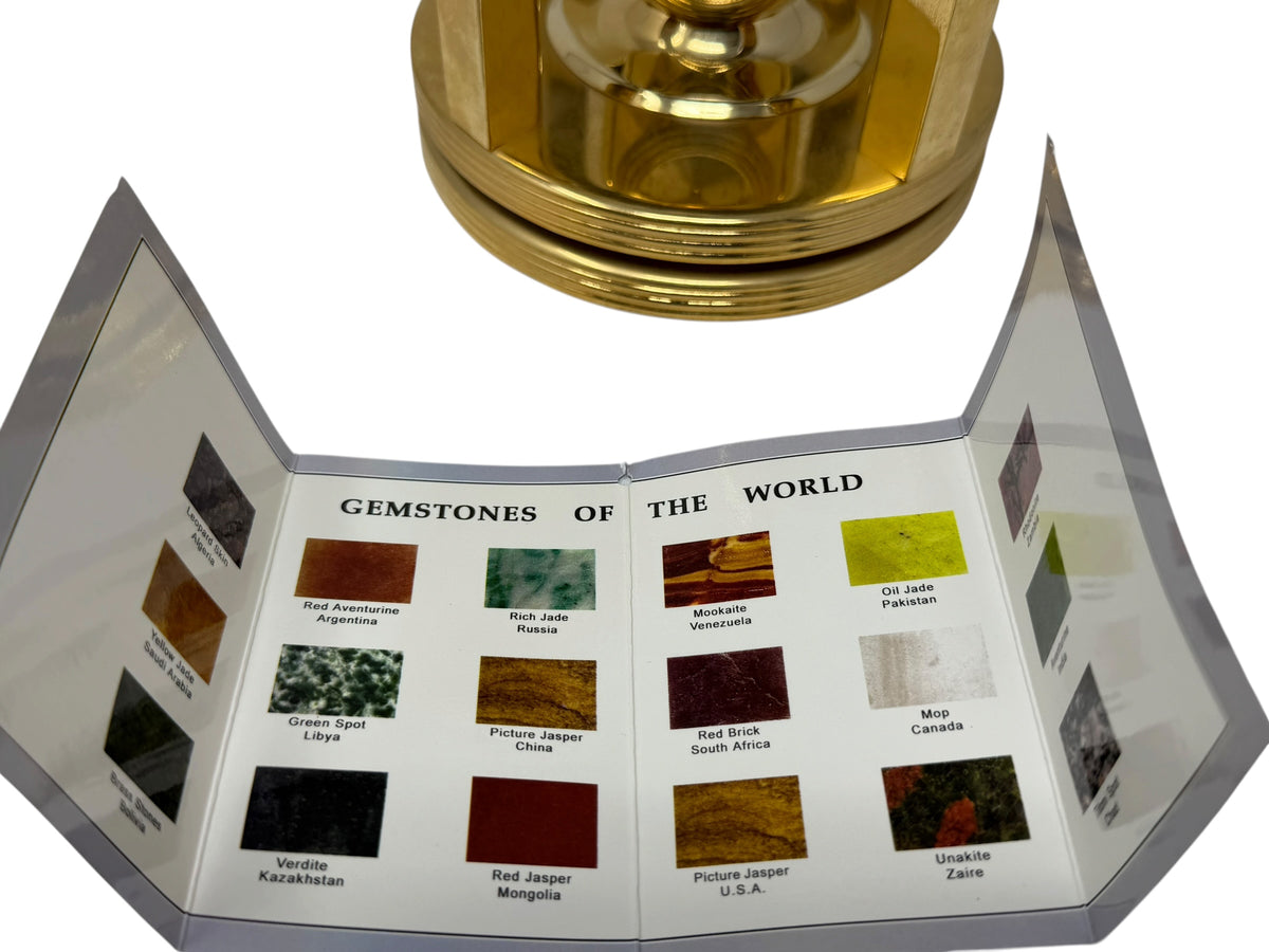 Meridian Collection gemstone world globe with clock, thermometer, and hygrometer, detailed home decor with vibrant gemstone design.
