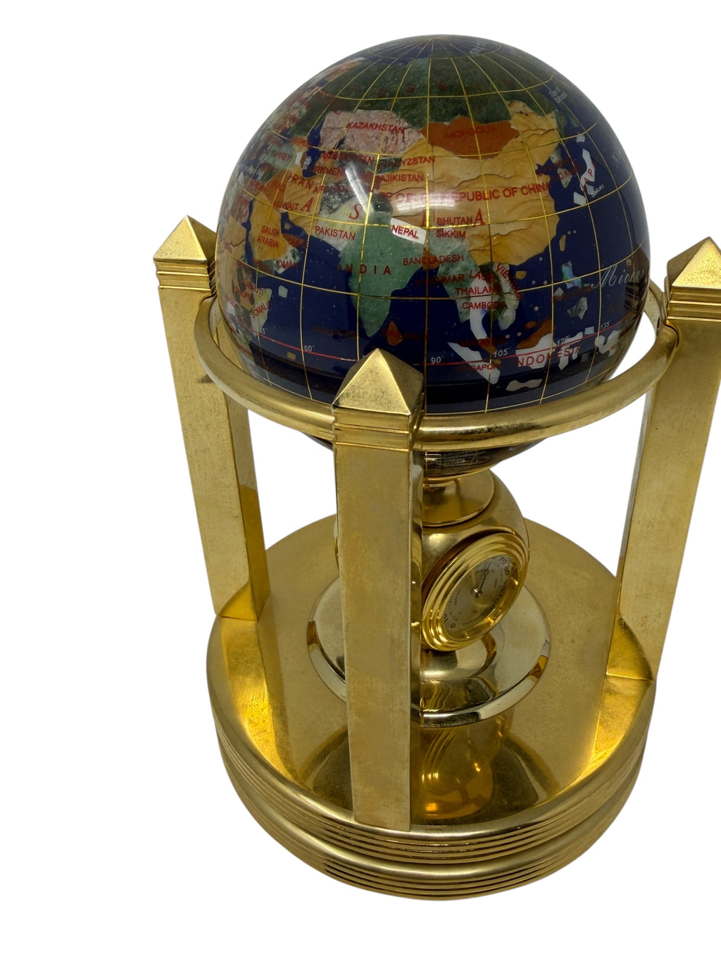 Meridian Collection gemstone world globe with clock, thermometer, and hygrometer, decorative home decor item in a box.