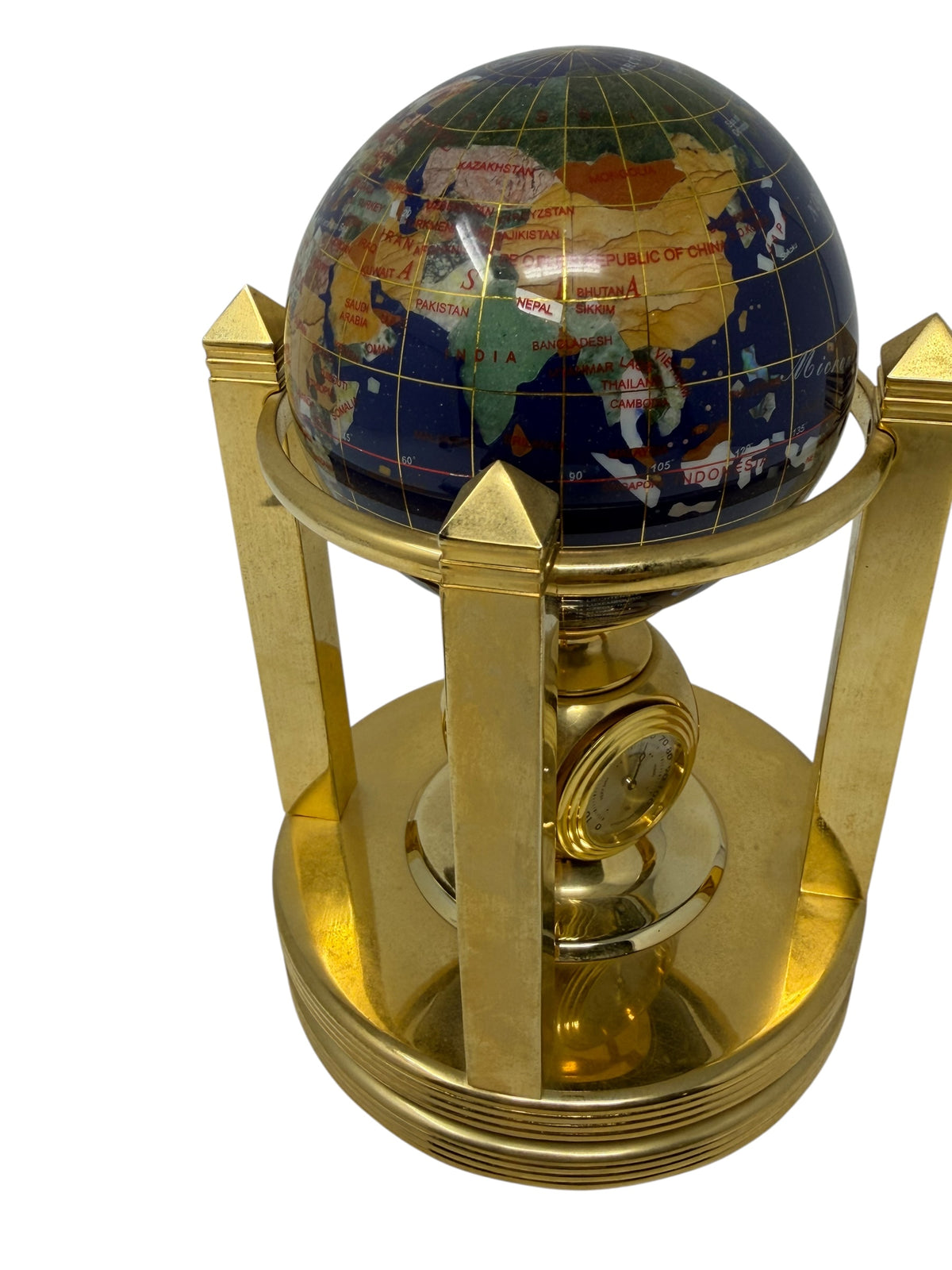 Meridian Collection gemstone world globe with clock, thermometer, and hygrometer, decorative home decor item in a box.