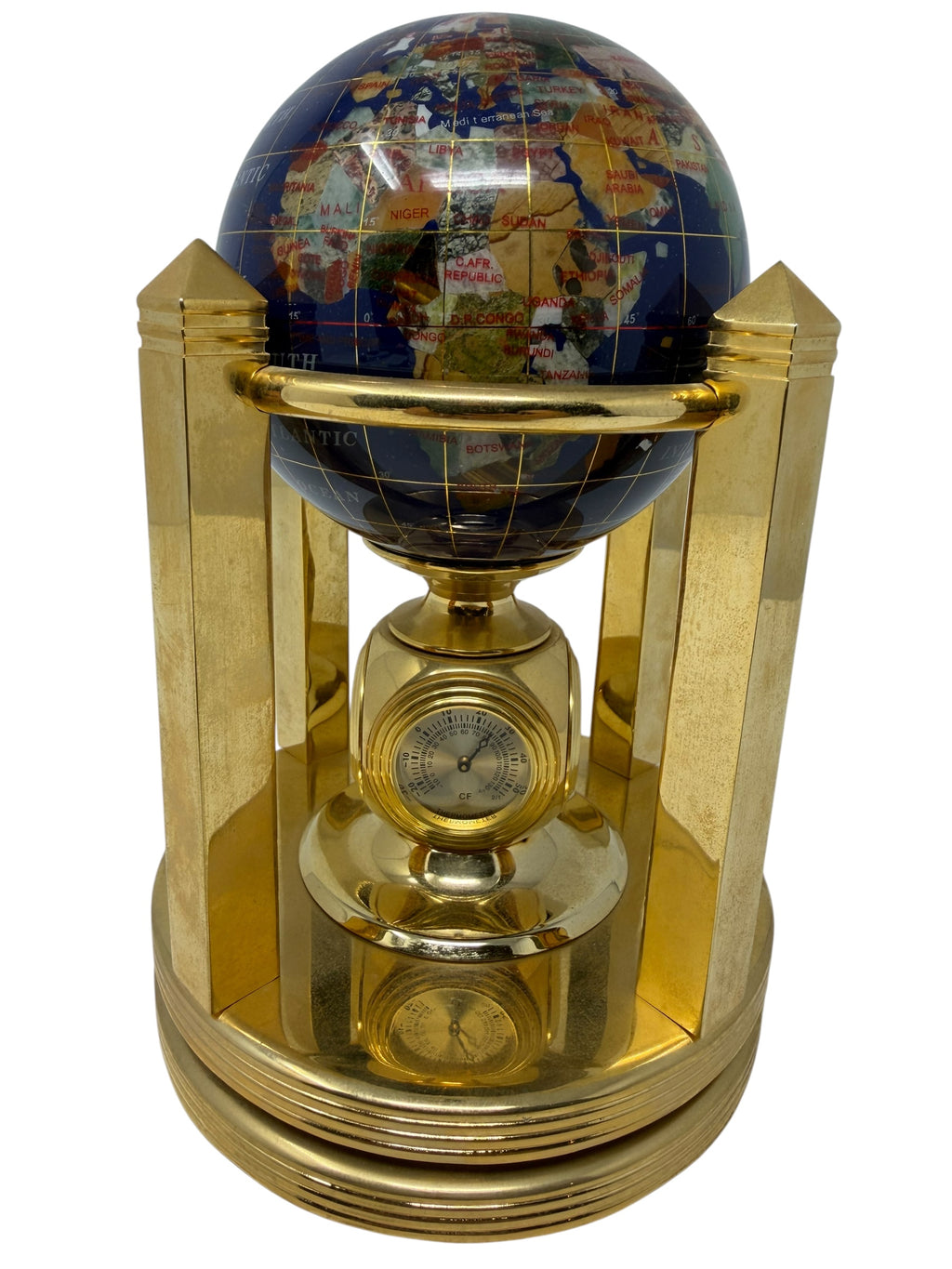 Meridian Collection gemstone world globe with clock, thermometer, and hygrometer, showcasing detailed design and vibrant colours.