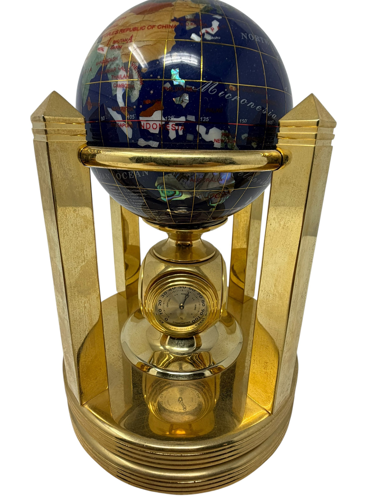 Meridian Collection gemstone world globe with clock, thermometer, and hygrometer, detailed decorative home decor piece.