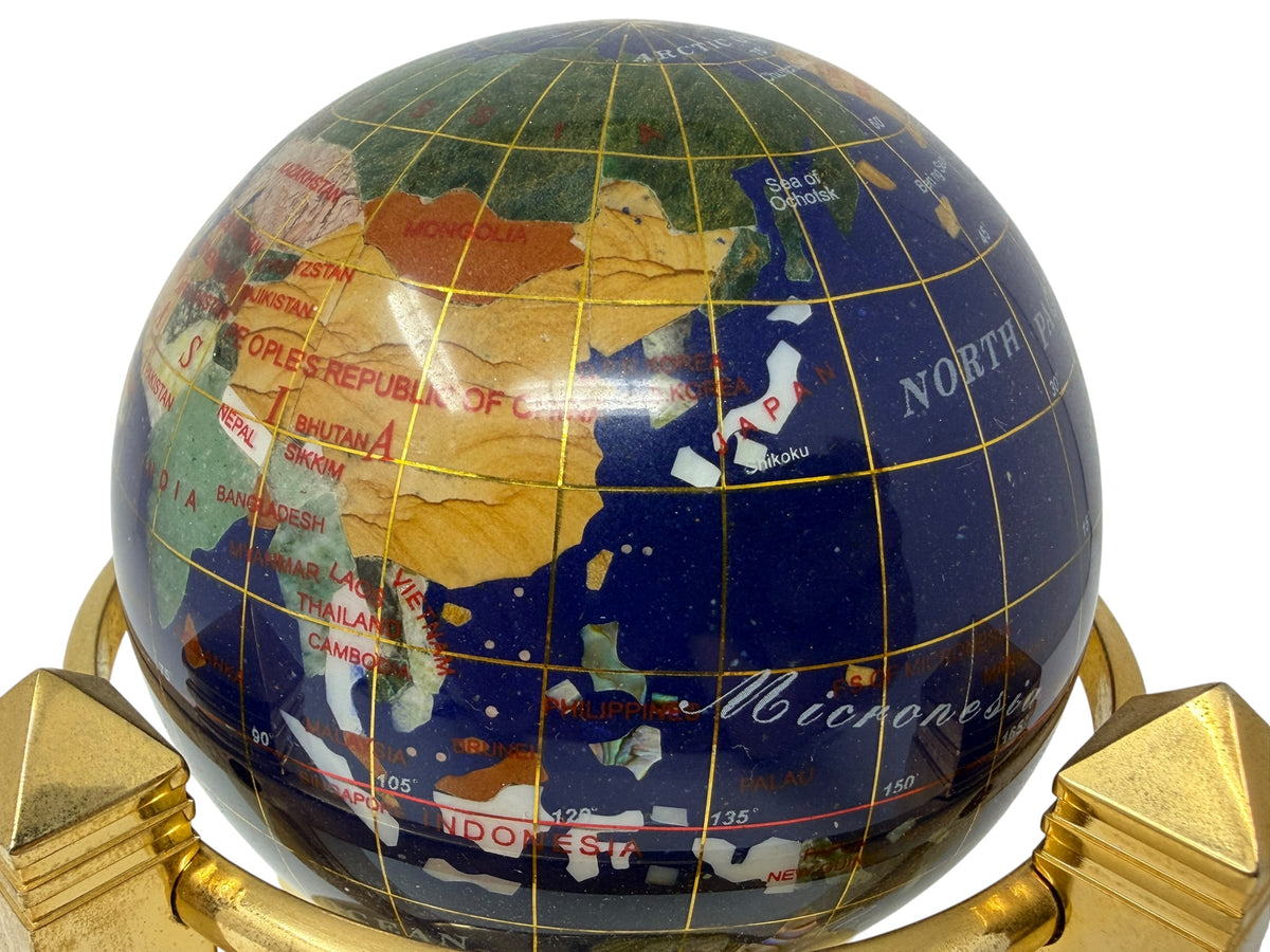 Meridian Collection gemstone world globe with clock, thermometer, and hygrometer, detailed decorative home decor item.