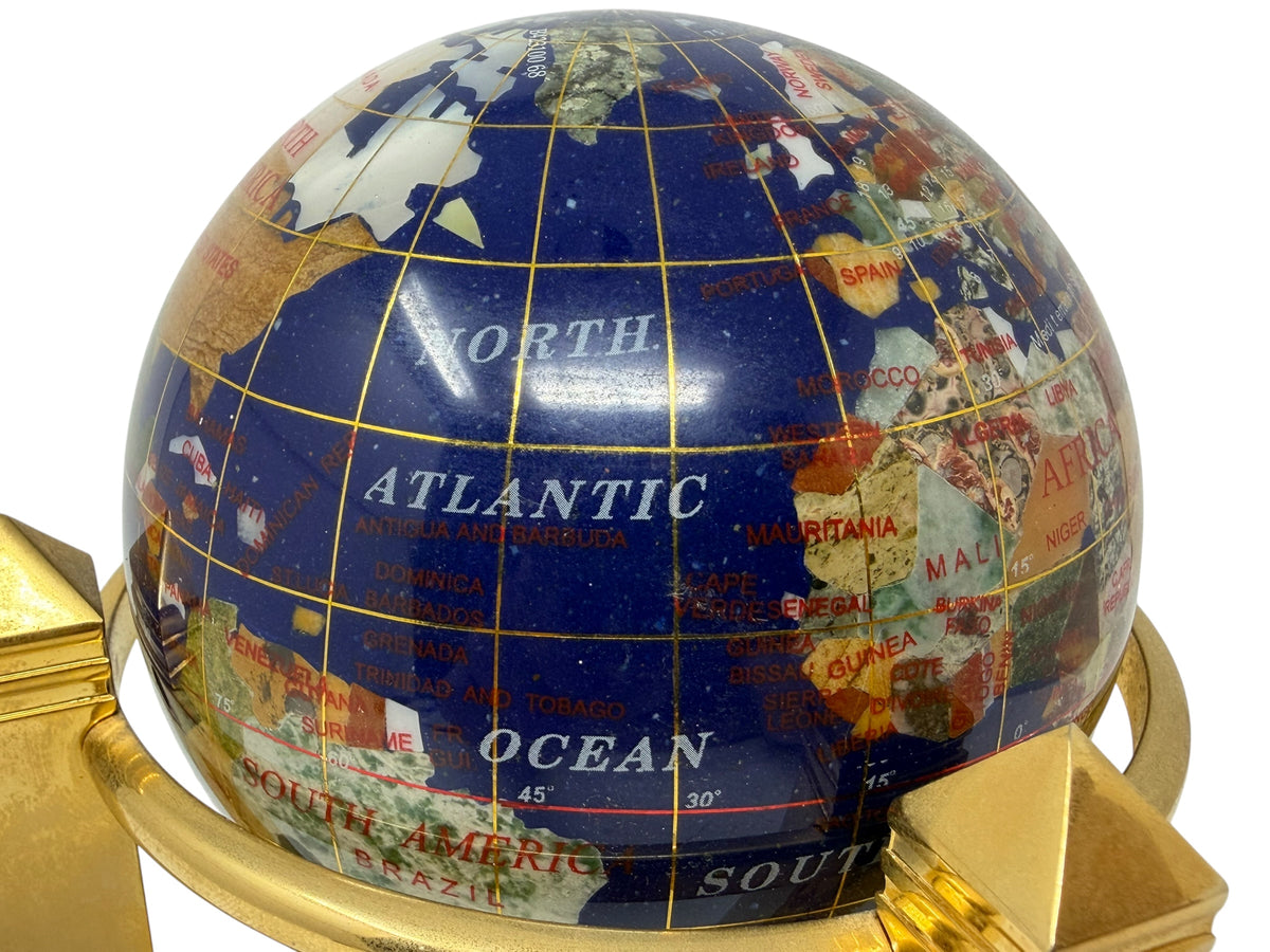 Meridian Collection gemstone world globe with clock, thermometer, and hygrometer, decorative home decor in a boxed set.