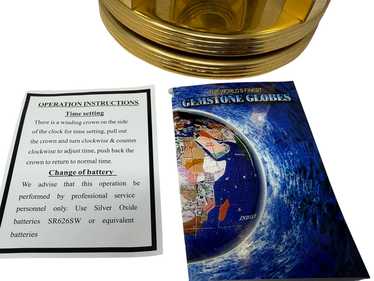 Meridian Collection gemstone world globe with clock, thermometer, and hygrometer, decorative home decor in a box.