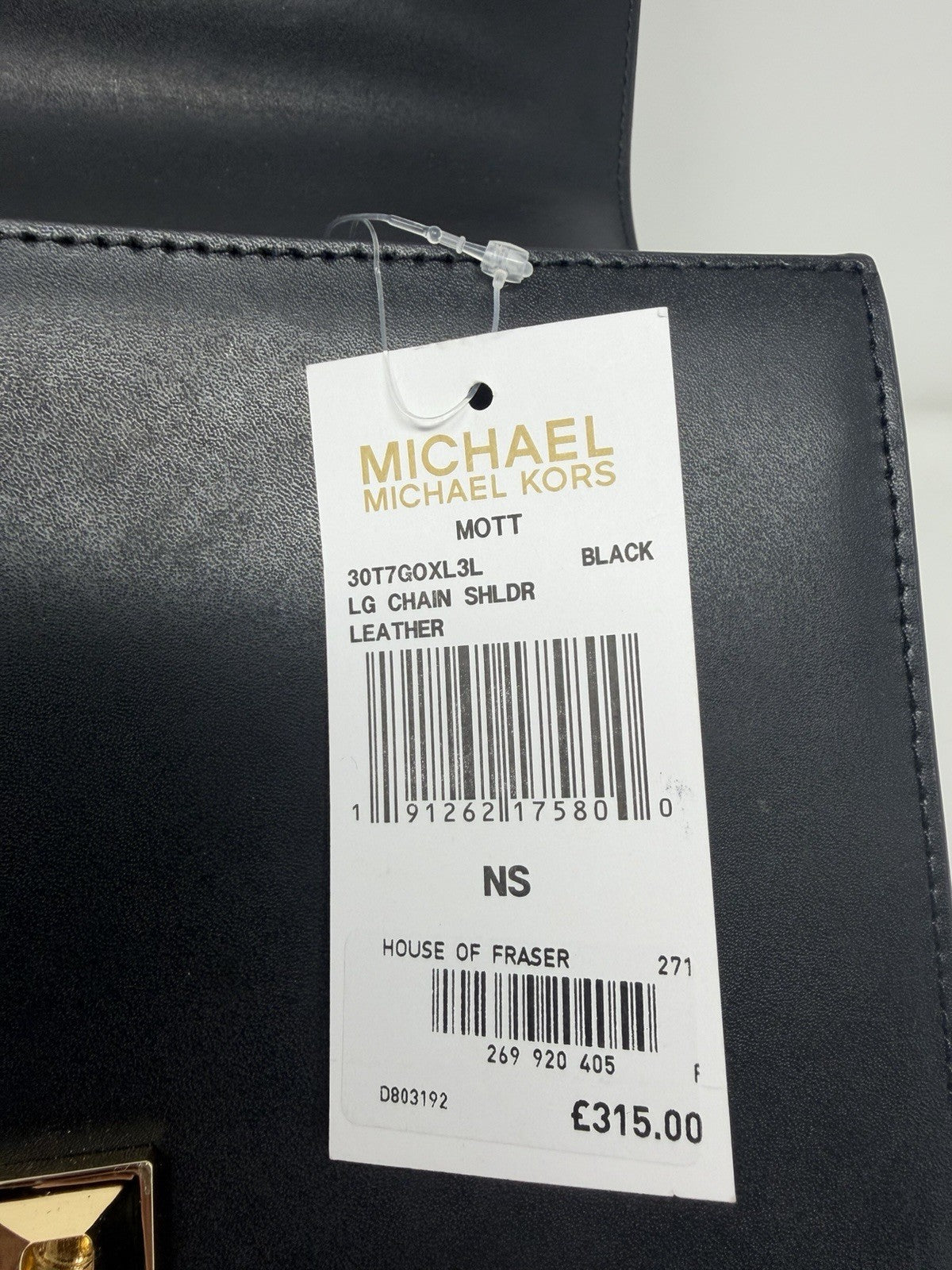 Michael Kors Mott large chain shoulder bag in black leather, swing tag showing style 30T7GOXL3L