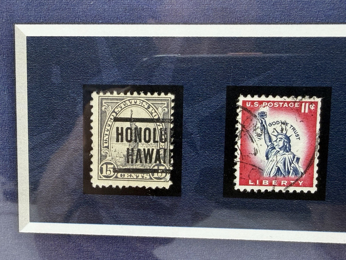 New York Times Statue of Liberty framed display, Honolulu Hawaii and 11c Liberty stamps