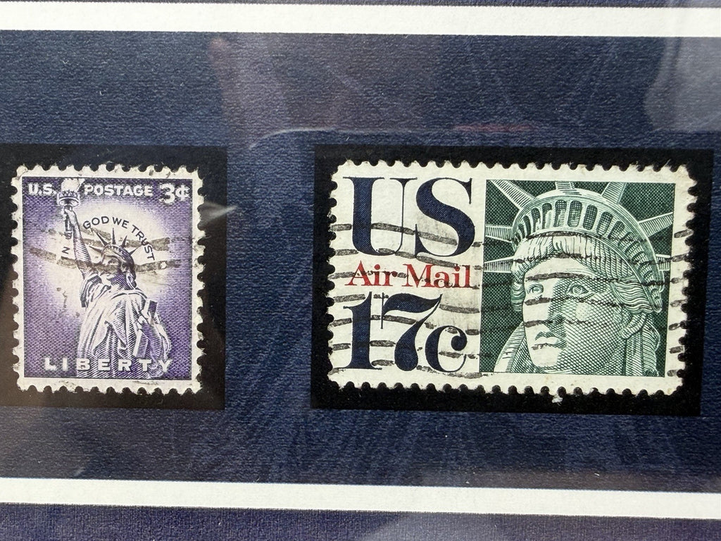 New York Times Statue of Liberty framed display, 3c Liberty and 17c Air Mail stamps