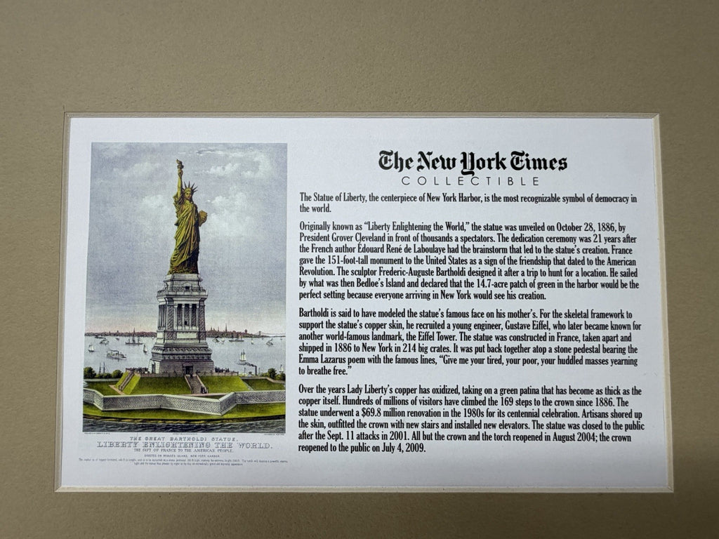 New York Times Statue of Liberty framed display, New York Times information panel on the reverse