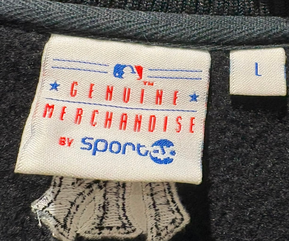 Black and white New York Yankees full-zip track jacket by Sport AX, size large, shown on a hanger.