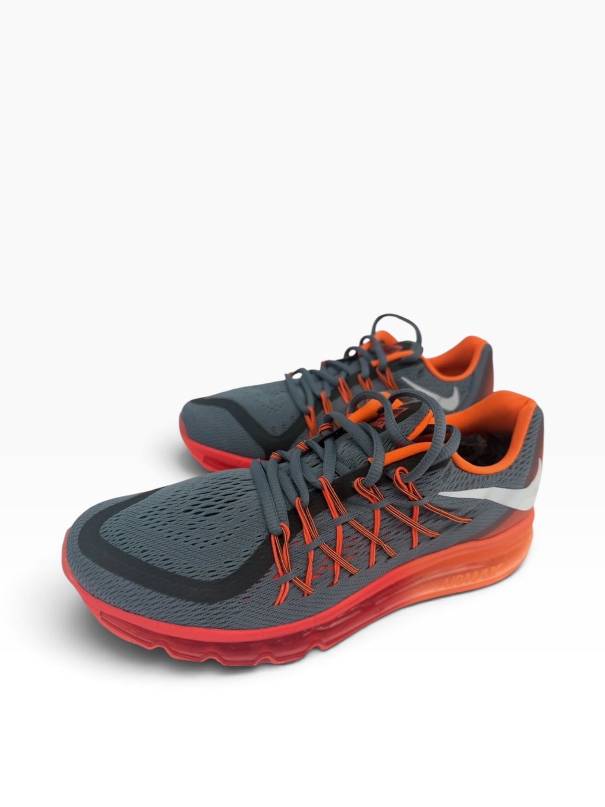 Nike Air Max 2015 men's trainers in grey and orange, showing the sporty design and cushioned sole for comfortable walking.