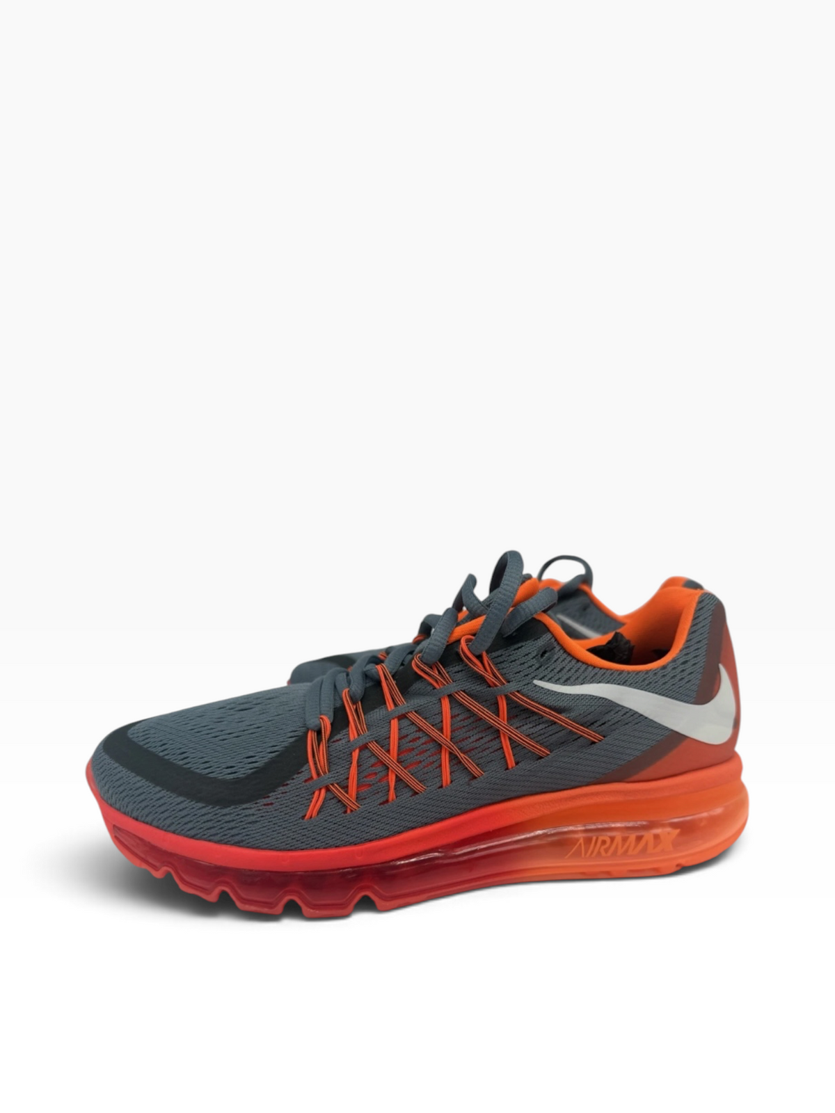 Nike Air Max 2015 men's trainers in grey and orange, showcasing breathable mesh upper and cushioned sole for comfort.
