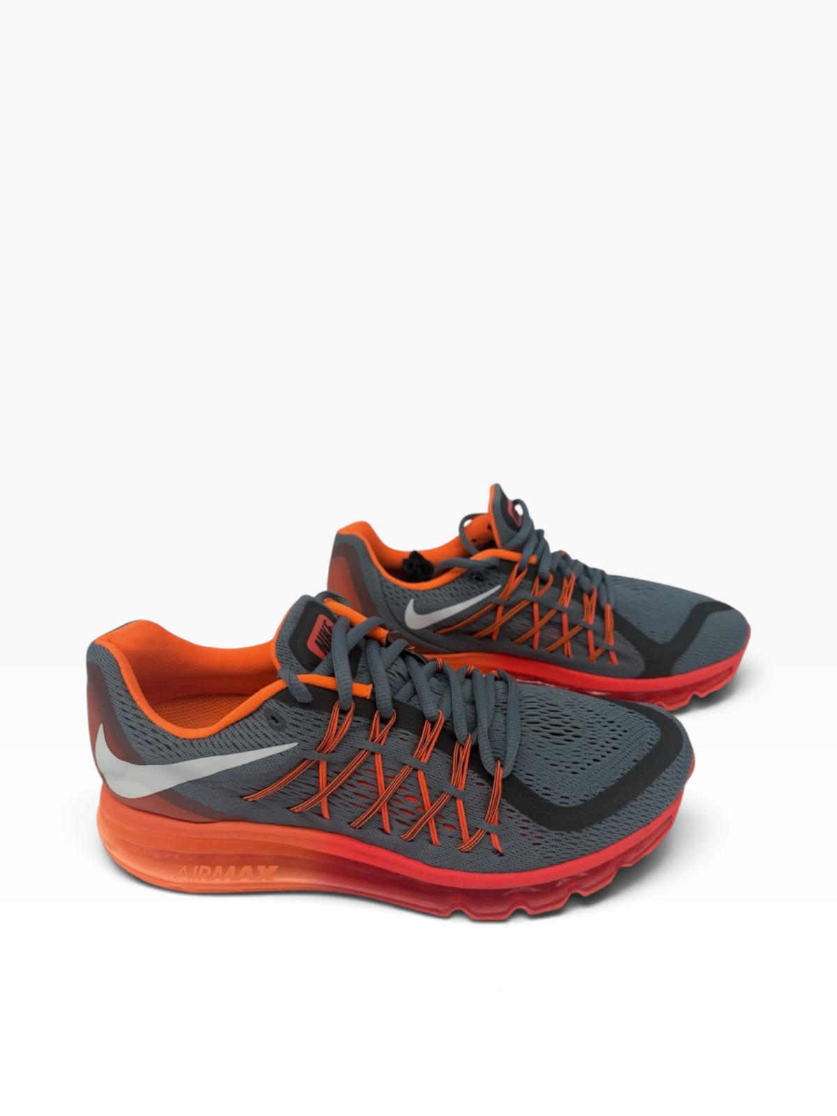 Nike Air Max 2015 men's trainers in grey and orange, showcasing sporty design and cushioning, size UK 8.