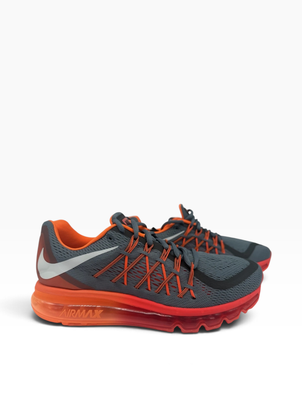 Nike Air Max 2015 men's trainers in grey and orange with breathable mesh upper, cushioned sole, and Nike branding.