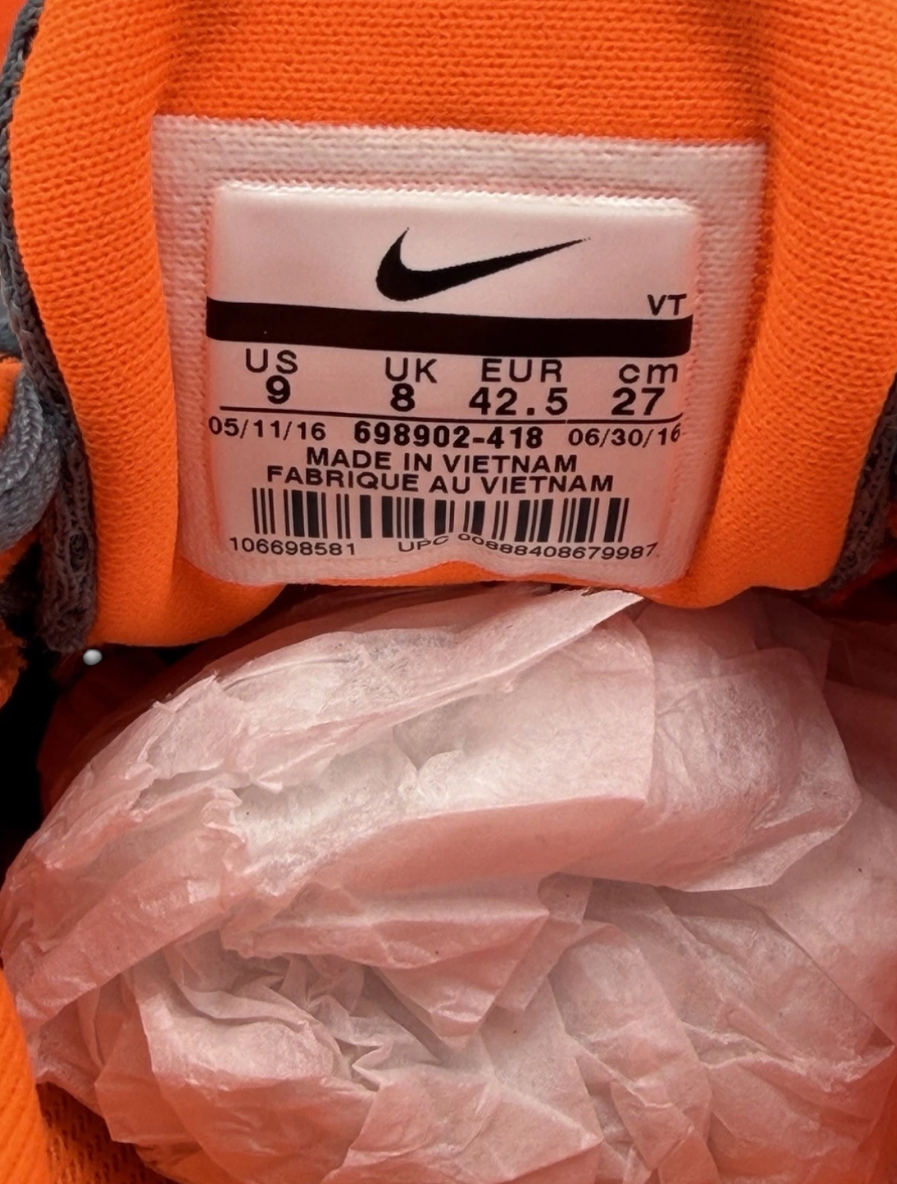 Nike Air Max 2015 men's trainers in grey and orange, UK size 8, showcasing breathable mesh upper and cushioned sole.