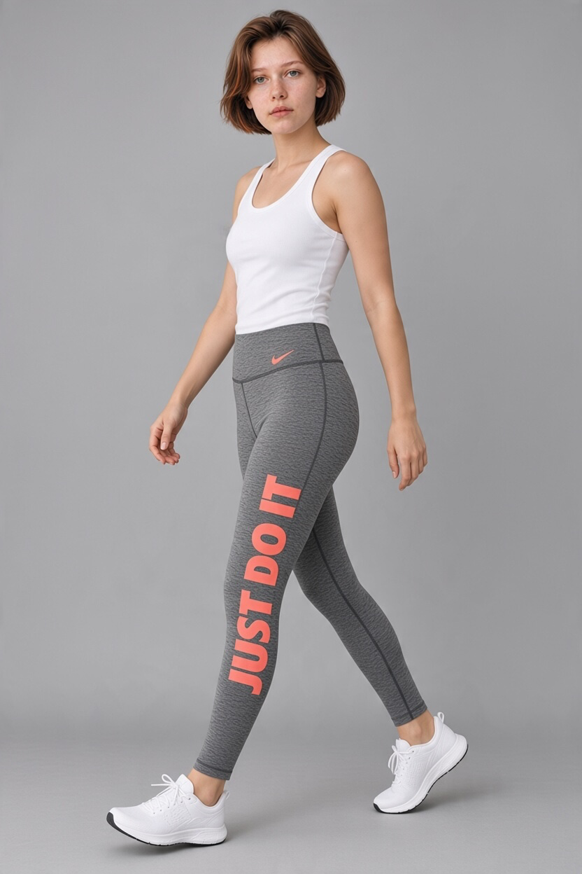 Nike Power Victory Just Do It grey and coral leggings, large size, showcasing stretchable athletic clothing with Nike branding.