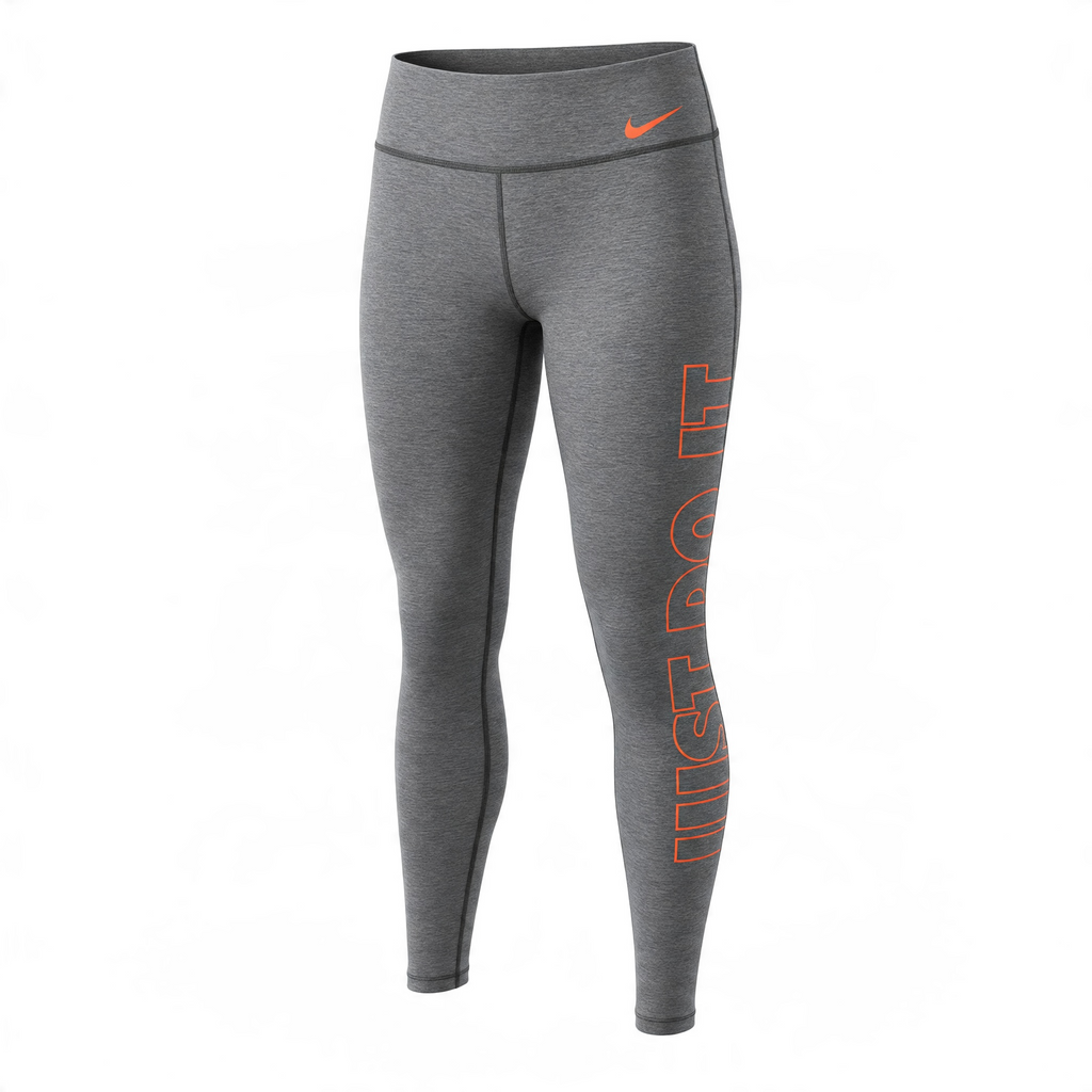 Nike Power Victory leggings in grey and coral, large size, featuring a fitted design and Nike branding.