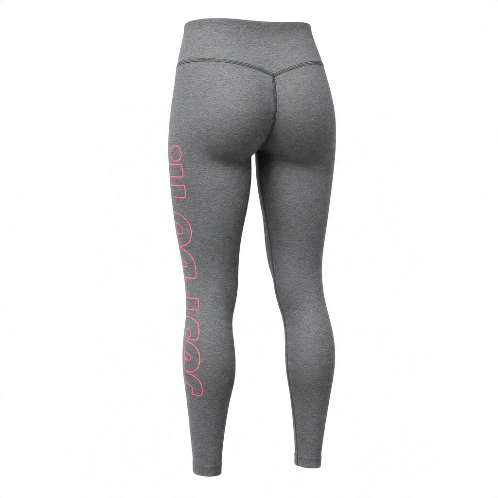 Nike Power Victory leggings in grey and coral, large size, featuring a fitted design and Nike branding visible in the image.