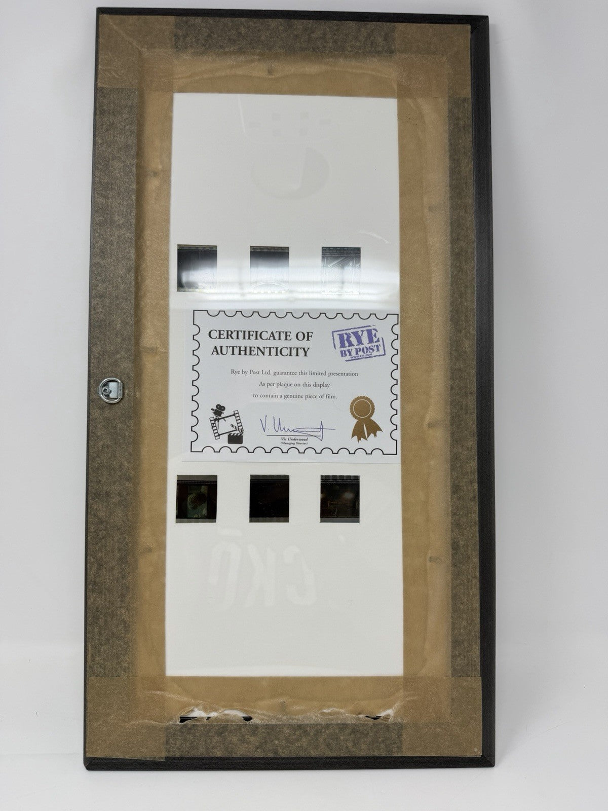 Rye By Post Terminator Trilogy framed film cell display, reverse with mounted certificate