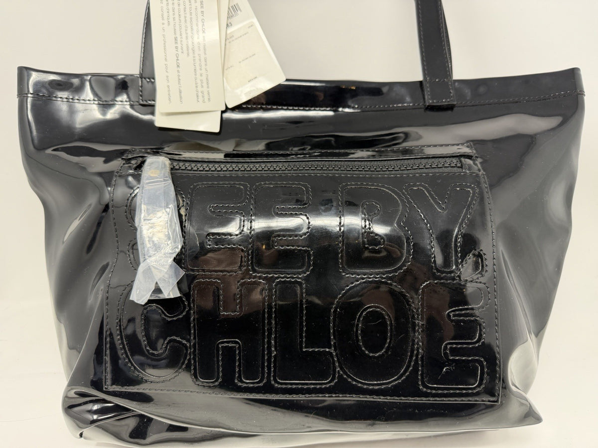 See By Chloé large black patent logo tote shopper with dust bag and card, crafted in glossy patent leather.