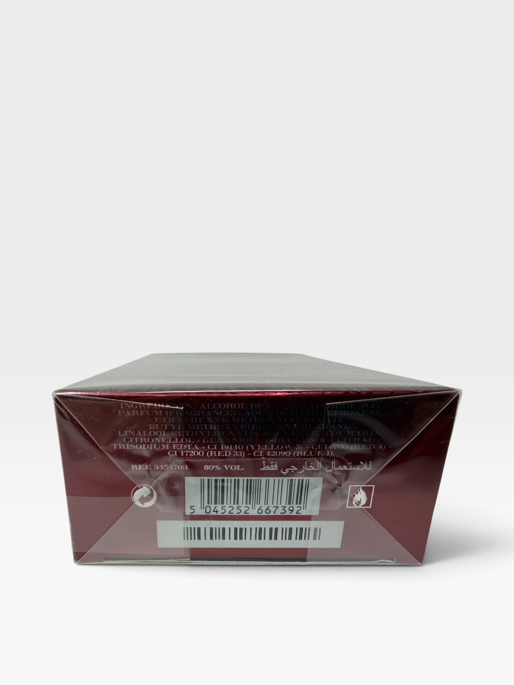 shopwitha2b Burberry Eau De Toilette for men, bottom view of the burgundy fragrance box showing ingredients and barcode.