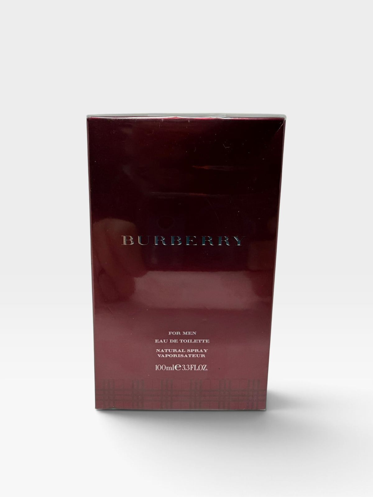 shopwitha2b Burberry for Men Eau de Toilette 100ml fragrance in a deep burgundy box with iconic check pattern detail
