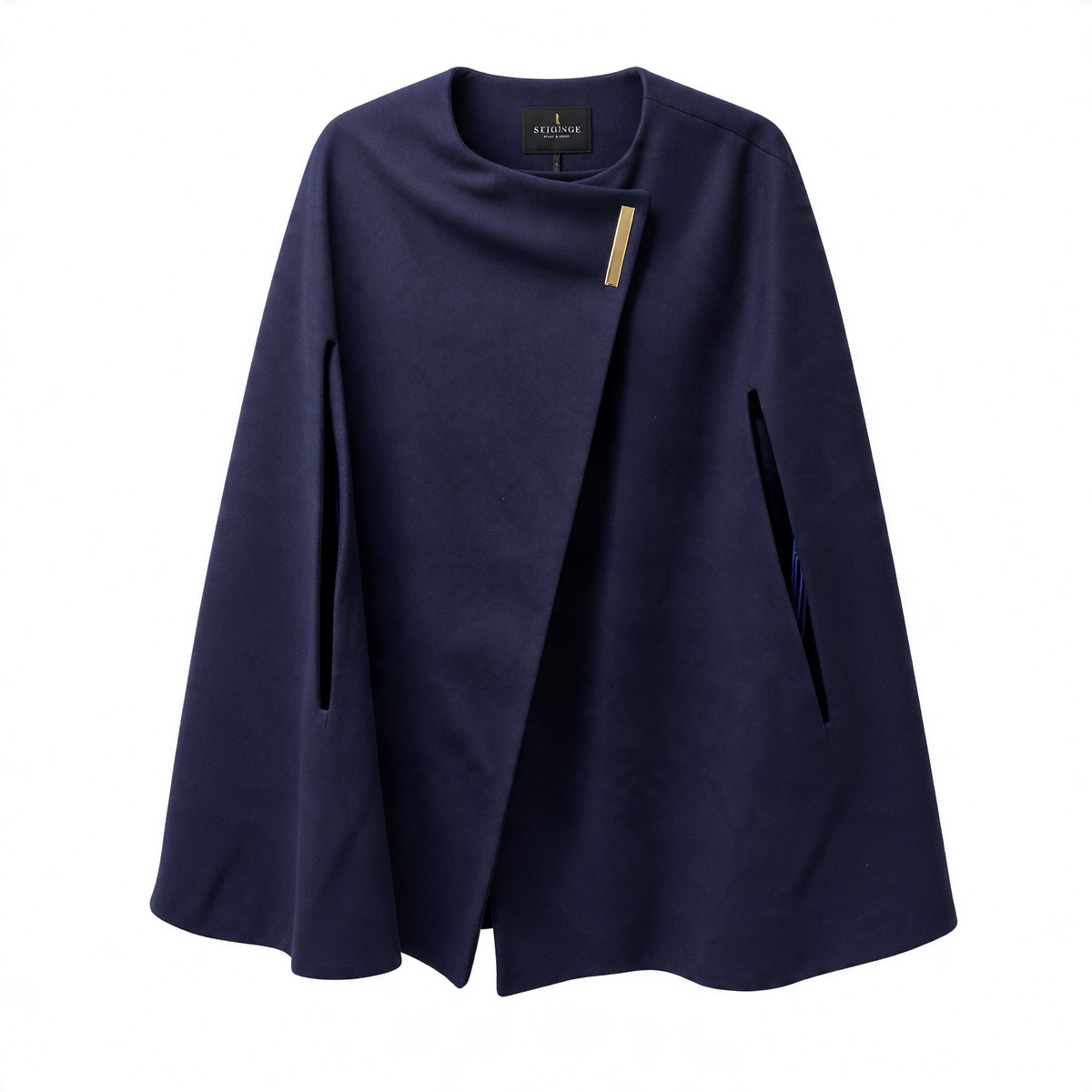 Navy wool and cashmere cape by Ted Baker, size L, draped over a model showcasing its elegant, cozy coat design.