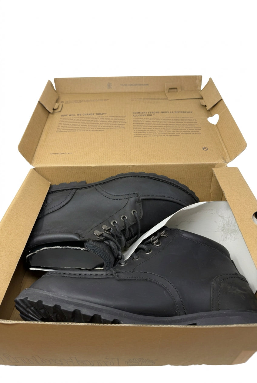 Timberland Earthkeepers black leather chukka boots for men, UK 8.5, EU 43, showing the rugged leather design and ankle height