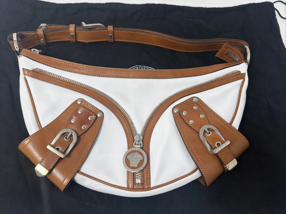 Versace Y2K white and tan leather shoulder bag with Medusa zip charm – photo 1 of 24
