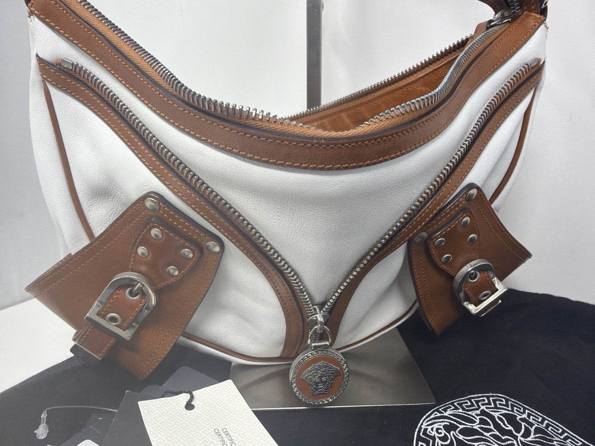 Versace Y2K white and tan leather shoulder bag with Medusa zip charm – photo 5 of 24