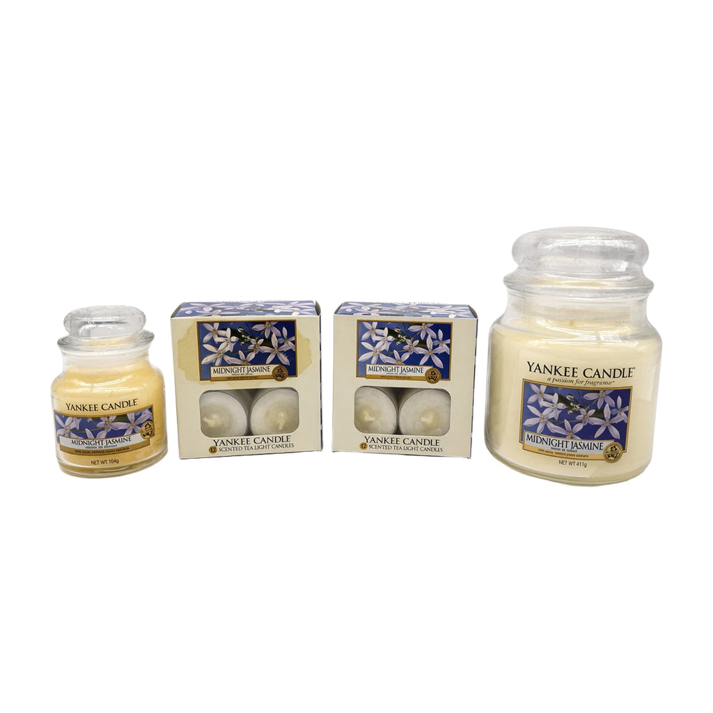 Yankee Candle Midnight Jasmine bundle – medium 410g jar, small 104g jar and 2 boxes of tea lights