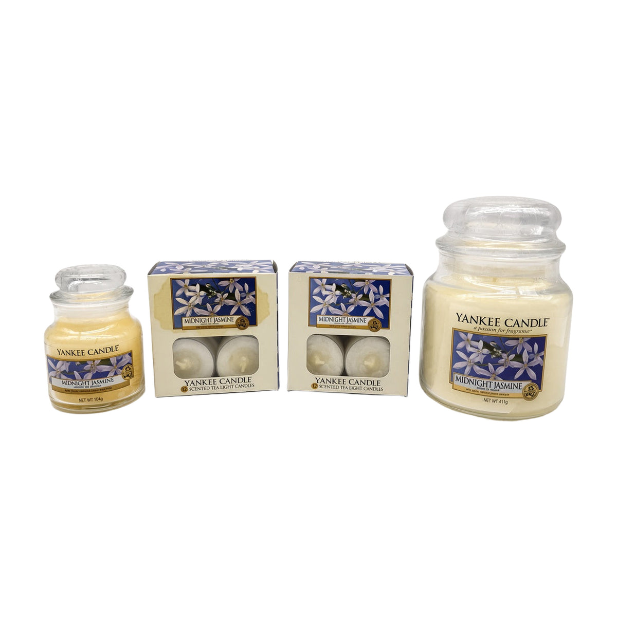 Yankee Candle Midnight Jasmine bundle – medium 410g jar, small 104g jar and 2 boxes of tea lights
